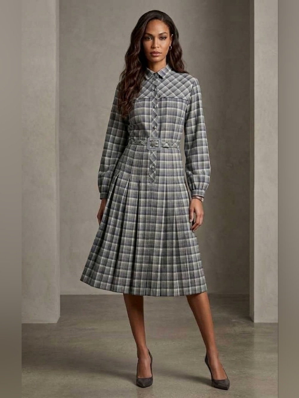 VINTAGE | Pleated Plaid Shirt Dress w/Belt